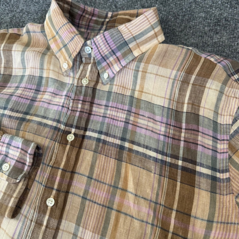 Polo Ralph Lauren Linen Oversized Shirt Men Medium Long Sleeve Brown Pink Plaid